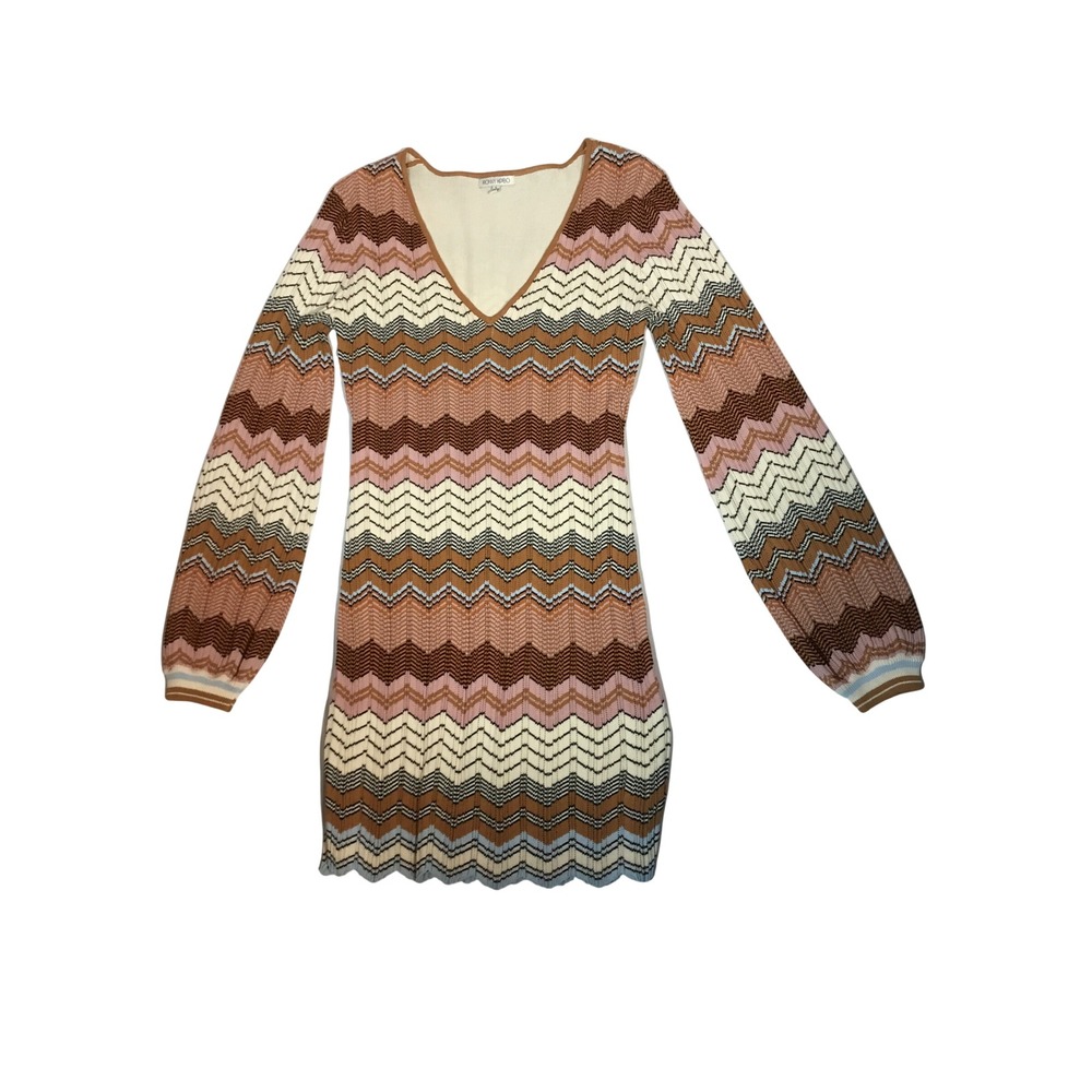 Ronny Kobo Chevron Knit MiniDress V-Neck BalloonSleeve Multi Zigzag Brown Pink L